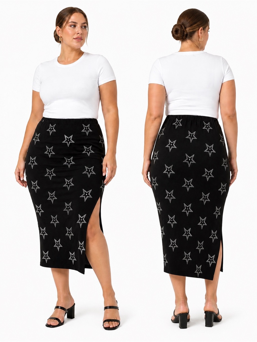 Kate Hewko Star Studded Pencil Skirt XL Black Rhinestone Slit Y2K Glam Canadian